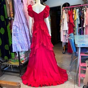 Red Puff-Sleeve Ruffled Evening Gown